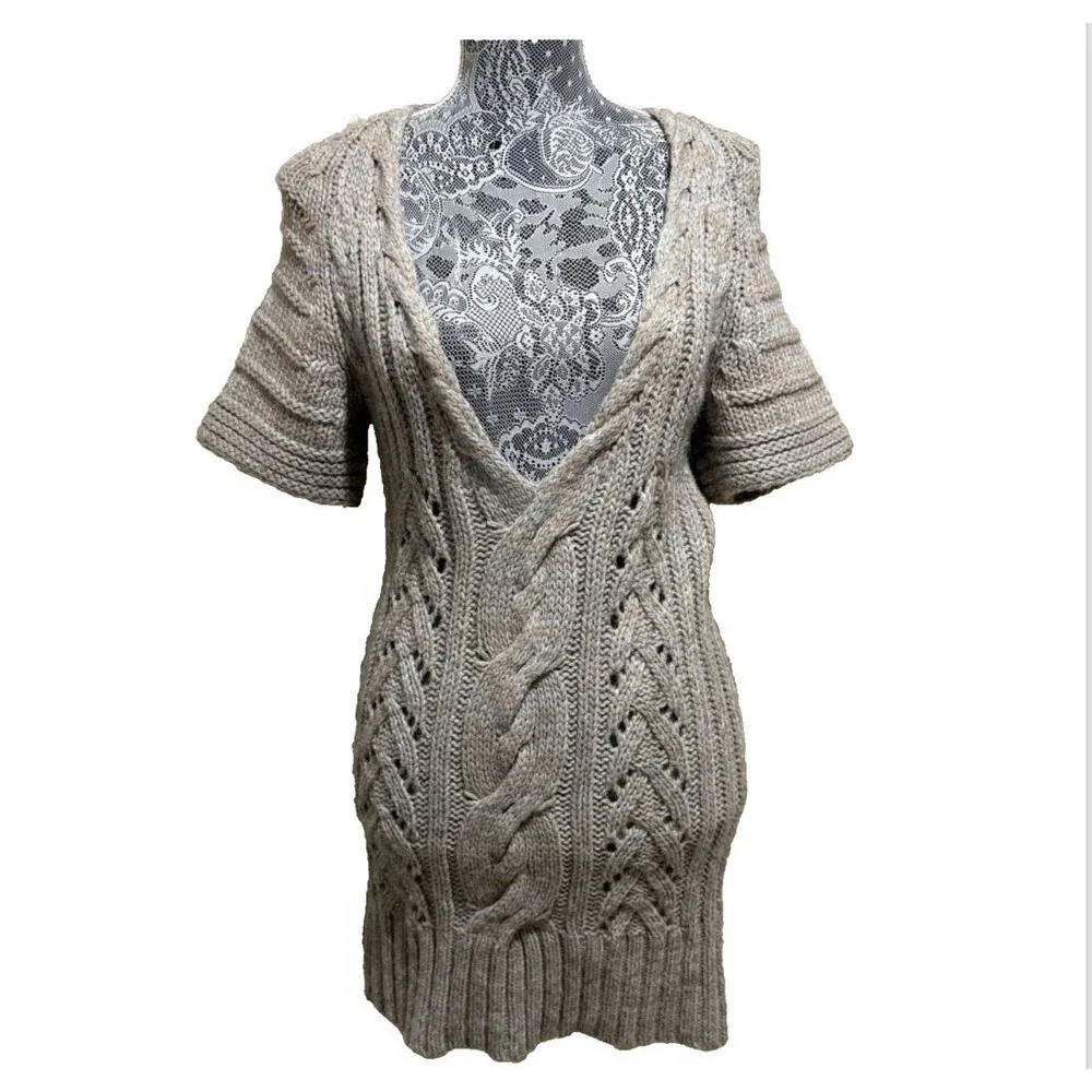 Banana Republic Alpaca Mix Cable Knit Sweater Dress Womens S V Neck Short Sleeve